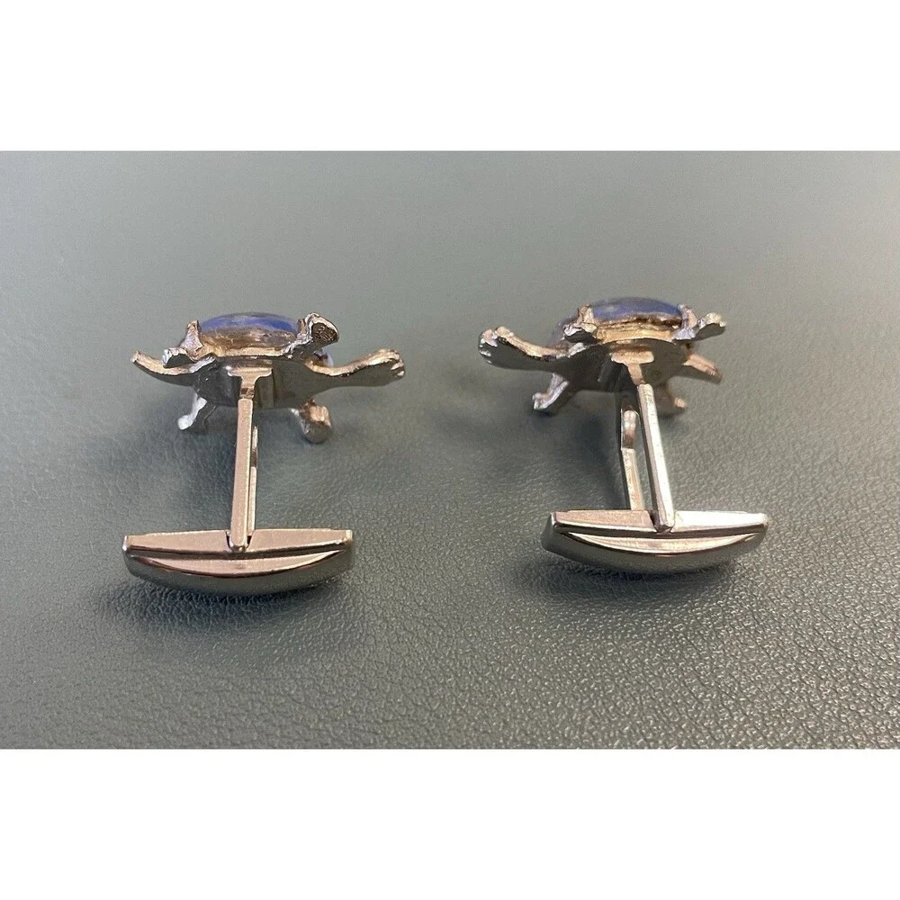 Vintage Judy Lee Cuff Links Blue Glass Domes Turtles Tortoise Silver Tone